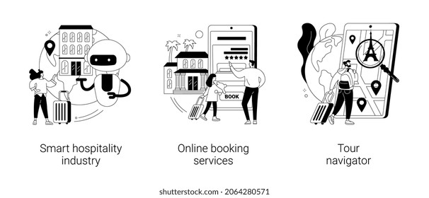 Trip planning abstract concept vector illustration set. Smart hospitality industry, online booking services, tour navigator, holiday planner, travel guide mobile app, ticket abstract metaphor.