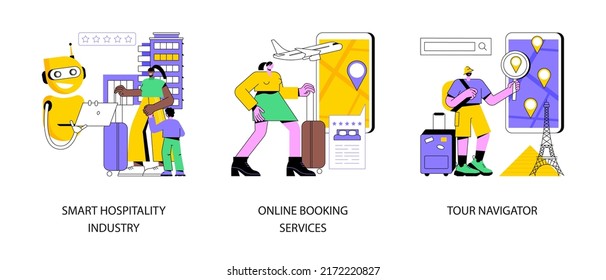 Juego de ilustraciones vectoriales abstractas de planificación de viajes. Industria de la hospitalidad inteligente, servicios de reserva en línea, navegador turístico, planificador de vacaciones, aplicación móvil guía de viajes, metáfora abstracta de boletos.