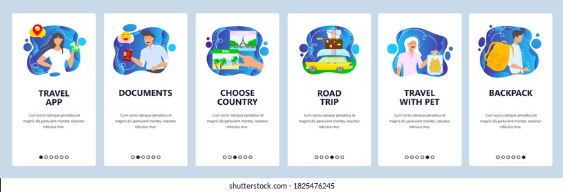 Trip planning. Choose country, documents, travel with pet, road trip, backpack. Mobile app onboarding screens. Vector banner template for website and mobile development. Web site design illustration.