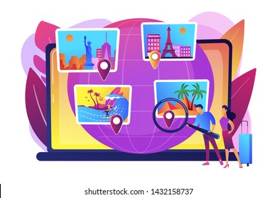 Trip Planning, Holiday Vacation Organization. Smart Tourism System, Travel Recommender Systems, Digital Future Of Travel Experience Concept. Bright Vibrant Violet Vector Isolated Illustration