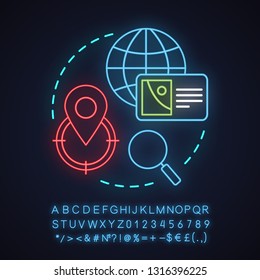 Trip planning neon light concept icon. City selection idea. Geolocation information searching. Glowing sign with alphabet, numbers and symbols. Vector isolated illustration