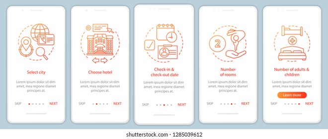 Trip planning onboarding mobile app page screen vector template. Hotel booking walkthrough website steps. Apartment reservation. Hostel, motel choosing. UX, UI, GUI smartphone interface concept