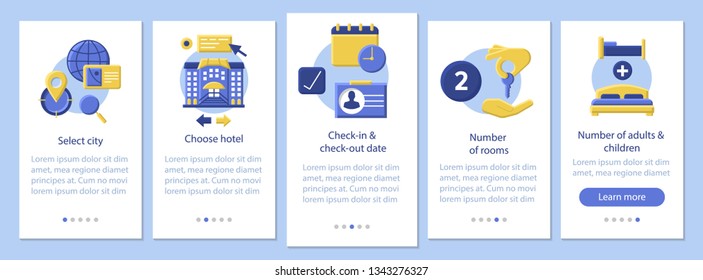 Trip planning onboarding mobile app page screen vector template. Hotel booking. Apartment reservation. Flat design website instructions. UX, UI, GUI smartphone interface cartoon concept