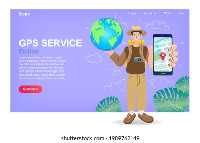 Trip planning. Online traveling. Travel and vacation. GPS mobile navigation technology. Tourist searching for gps location map on virtual screen mobile app. Online booking service vector illustration.