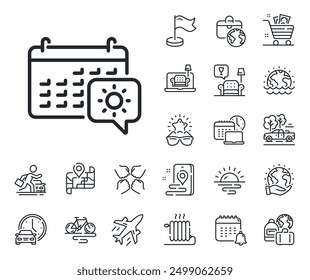 Trip planning sign. Plane jet, travel map and baggage claim outline icons. Travel calendar line icon. Holidays symbol. Travel calendar line sign. Car rental, taxi transport icon. Vector