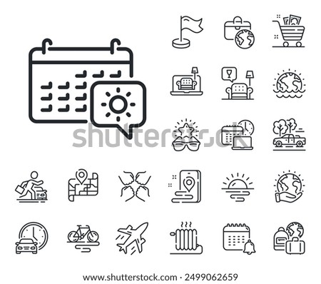 Trip planning sign. Plane jet, travel map and baggage claim outline icons. Travel calendar line icon. Holidays symbol. Travel calendar line sign. Car rental, taxi transport icon. Vector
