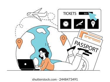 Planificación de viaje simple. Mujer con el ordenador portátil tirado cerca del globo. Festiva y planificación de vacaciones. Sitio web de la agencia de viajes. Viajes y turismo. Doodle Ilustración vectorial plana aislada sobre fondo blanco