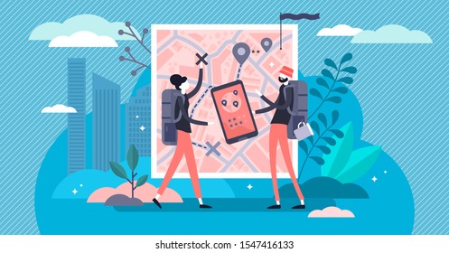 Trip planning vector illustration. Flat tiny journey route plan persons concept. Road trip adventure destination exploration with map and GPS compass. Backpackers road path navigation process scene.