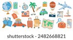 Trip planning world tour concept illustrations set. Travel stickers collection. Summer vacation plane and ship, baloon, car and other transports, holiday icons set. Travel destinations choose.