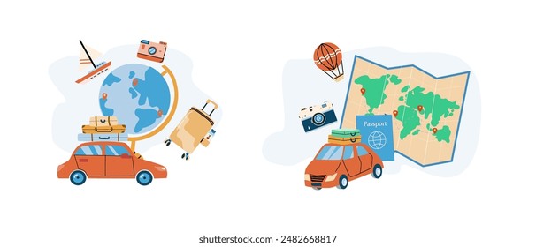 Trip planning world tour concept illustrations set. Travel stickers backgrounds collection. Summer vacation Travel planing destinations choose.