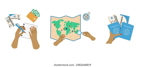 Trip planning world tour concept illustrations set. Travel stickers collection. Summer vacation plane tickets and planning set. Travel destinations choose.