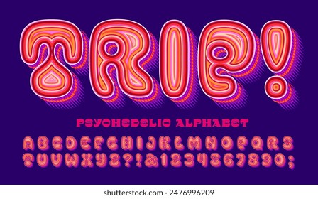 Trip! is a psychedelic style alphabet with intricate colorful stripes