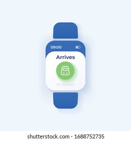 Trip reminder smartwatch interface vector template. Railroad transportation mobile app notification day mode design. Train arrival message screen. Flat UI for application. Smart watch display