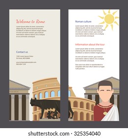 The trip to Rome. Travel flyer with famous landmarks of Italy: Capitoline wolf, the Capitol, the Pantheon, the Roman. Easy editable tourism template. Perfect for banners, posters.