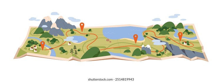 Trip route on paper map. Travel road, journey path, hiking trekking way with pin pointers, nature positions, locations, place of destinations. Flat vector illustration isolated on white background