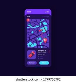 Trip route smartphone interface vector template. Mobile app page dark blue design layout. Car sharing service screen. Flat UI for application. Taxi navigation. Carpool journey. Phone display