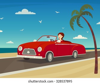 Trip to the sea background with woman driving a cabriolet cartoon vector illustration 