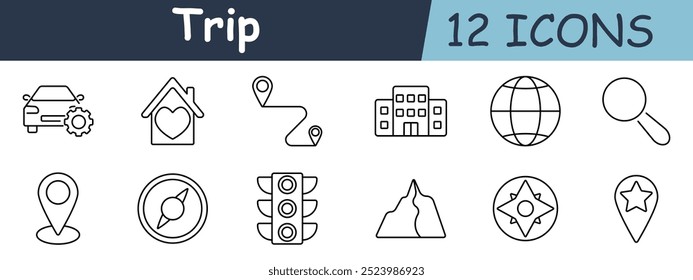 Ícone do conjunto de percursos. Manutenção de carro, casa com coração, localização, edifício, globo, lupa, pino de destino, bússola, semáforo, montanha, estrela de bússola, pino de localização favorito