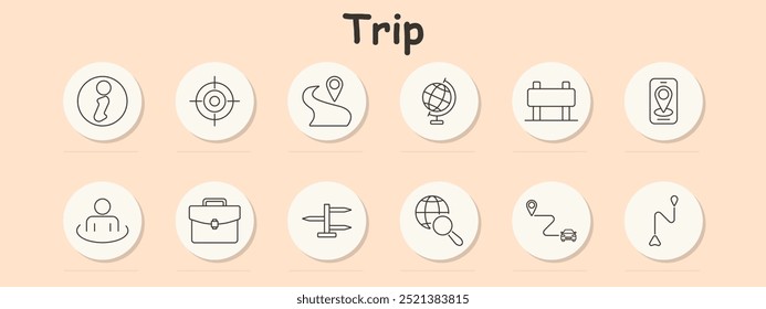 Icono de conjunto de viaje. Casa, brújula, ruta, ubicación, navegación, satélite, coordenadas, viaje, mapa, marcador, casa, orientación, viaje, viaje, destino, camino, waypoint, antena parabólica, seguimiento