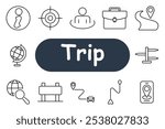 Trip set icon. Info symbol, target, person, suitcase, location pin, path, globe, signpost, billboard, route, car, map marker. Ideal for travel, navigation, and tourism planning