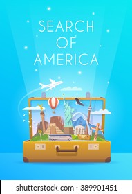 Trip to South America. Travel to South America. Tourism to South America. Vertical travel banner. Open suitcase with landmarks. Flat style.