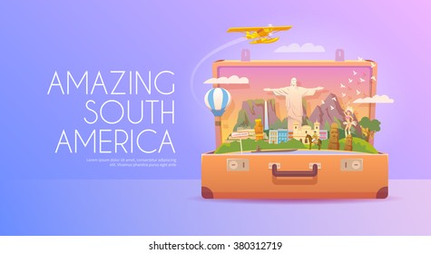 Trip to South America. Travel to South America. Vacation. Road trip. Tourism to South America. Travel banner. Open suitcase with landmarks. Travelling illustration. Wanderlust. Flat style. EPS 10