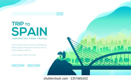 Trip to Spain vector landing page template. Europe tourist attractions, landmarks web banner design. Barcelona, Madrid cityscape illustration with text space. Travel agency website homepage