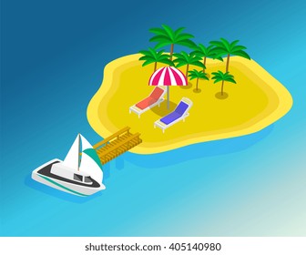Trip to Summer holidays. Travel to Summer holidays. Vacation. Tourism. Travel banner. Journey. Travelling 3d isometric illustration. Modern flat design banner. Isometric island. Isometric mountains