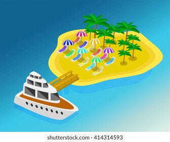 Trip to Summer holidays. Travelling 3d isometric illustration. Travel to the island by boat isometric style
