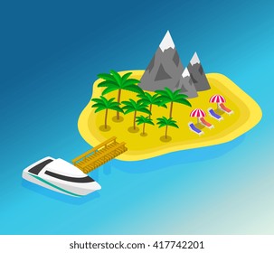 Trip to Summer holidays. Travelling 3d isometric illustration. Travel to the island by boat isometric style