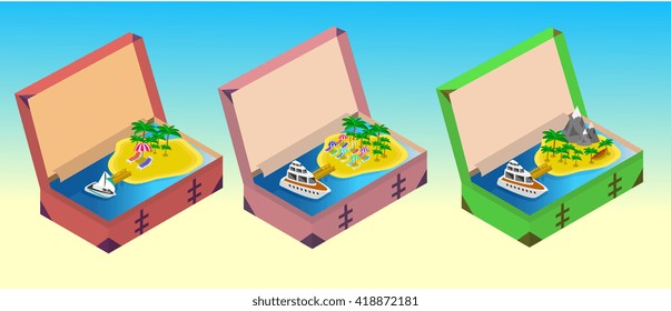 Trip to Summer holidays. Travelling 3d isometric illustration. Travel to the island by boat isometric style. Island in the suitcase isometric style