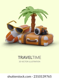 Trip to summer. Tours to warm sea, ocean coast. Vacation at tropical resort. Vertical blank for advertising modern tourism. 3D illustration, blank bottom block for offer, slogan