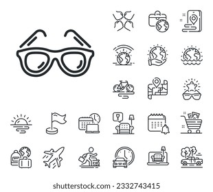 Señal de gafas de sol de viaje. Iconos del contorno del avión, el mapa de viajes y la reclamación de equipaje. Icono de línea de gafas de sol de viaje. Símbolo de vacaciones. Señal de la línea de gafas de sol. Alquiler de coches, icono del transporte de taxis. Vector