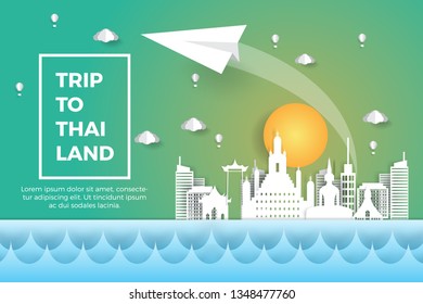 trip to thailand with its sights and culture. in paper art style