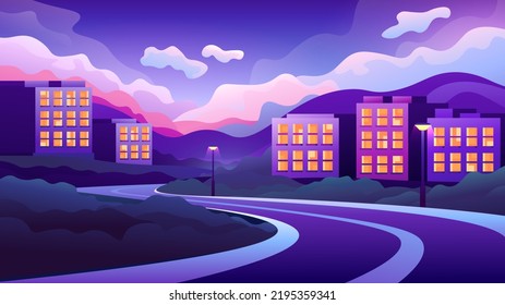 Viaje a través de un pequeño pueblo sobre el fondo de las montañas. La carretera que atraviesa las casas residenciales a la luz de la puesta de sol. Ilustración de viaje horizontal por coche.