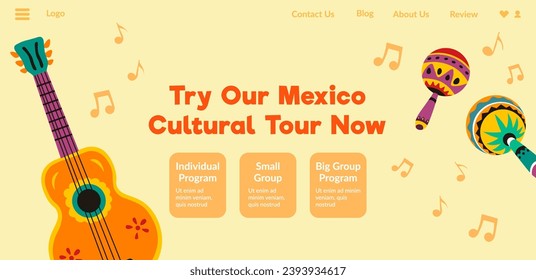 Trip and tour to Mexico. Order tickets, visit historical museums, art galleries, folklore festivals. Musical instruments, guitar maracas. Website landing page, internet site vector in flat style