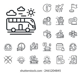 Trip transport sign. Plane jet, travel map and baggage claim outline icons. Bus travel line icon. Holidays vehicle symbol. Bus travel line sign. Car rental, taxi transport icon. Place location. Vector