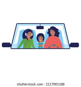 Trip, Travel In The Car. Mom, Teen Daughter And Little Daughter. Happy Family. Vector Flat, White Background.