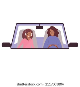 Trip, Travel In The Car. Mom And Teen Daughter In Headphones. Happy Family. Vector Flat, White Background.