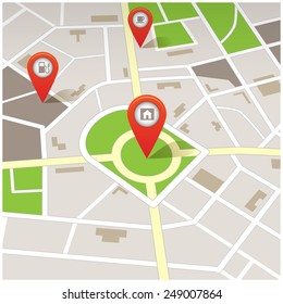 Trip and Travel, Navigation Road Map with Pins, Vector