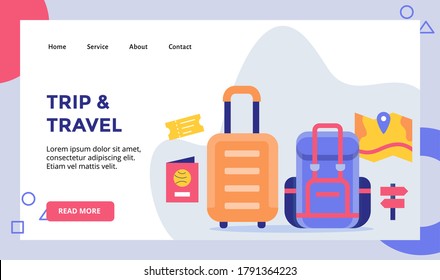 campaña de concepto de maleta de viaje y maleta de viaje para la página de inicio de la página de inicio del sitio web banner de la plantilla de la página de inicio con estilo plano