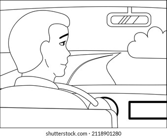 Trip, travel.Black and white vector illustration. A young guy drives a car on the road.