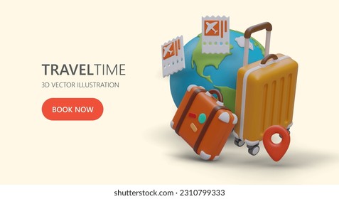 Trip for two. Romantic tours for couples. Advertising poster for transition to landing page. Ready made layout with 3D color illustrations, 2 suitcases, 2 airline tickets, large globe