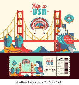 Trip to USA. Cartoon elements, Golden Gate Bridge, American tribal hat and eagle. Suitable for events and holidays