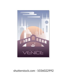 Trip to Venice, travel poster template, touristic greeting card, vector Illustration for magazine, presentation, banner, book cover