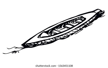 Trip wherry skiff drift pictogram emblem. Light white pond text space. Outline black ink hand drawn creative ocean shallop logo label image design in retro art doodle engrave print style. Closeup view