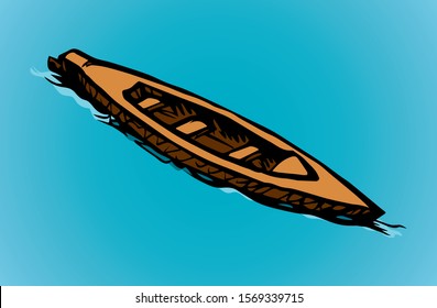 Trip wherry skiff drift pictogram emblem. Bright blue pond text space. Outline black ink hand drawn creative ocean shallop logo label image design in retro art doodle engrave print style. Closeup view