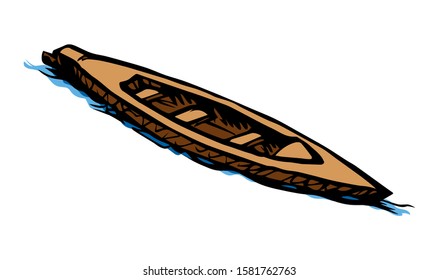 Trip wherry skiff drift pictogram emblem. Light white pond text space. Outline black ink hand drawn creative ocean shallop logo label image design in retro art doodle engrave print style. Closeup view