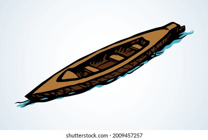 Trip wherry skiff drift pictogram emblem. Light white pond text space. Outline black ink hand drawn creative ocean shallop logo label image design in retro art doodle engrave print style. Closeup view