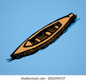 Trip wherry skiff drift pictogram emblem. Light white pond text space. Outline black ink hand drawn creative ocean shallop logo label image design in retro art doodle engrave print style. Closeup view